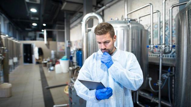 Homem analisando dados de fábrica de pasteurização de leite
