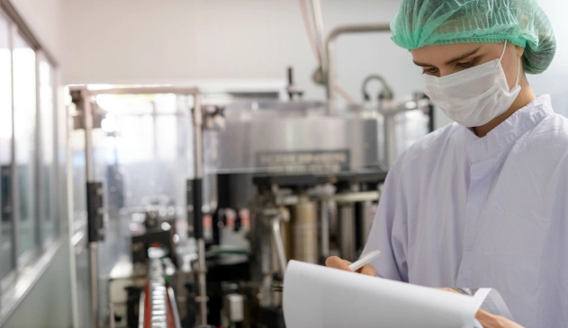 Mulher analisando documentação de fábrica de alimentos